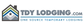 Logo of TDY Lodging, featuring a stylized house with a star and the text "One Source Temporary Lodging."